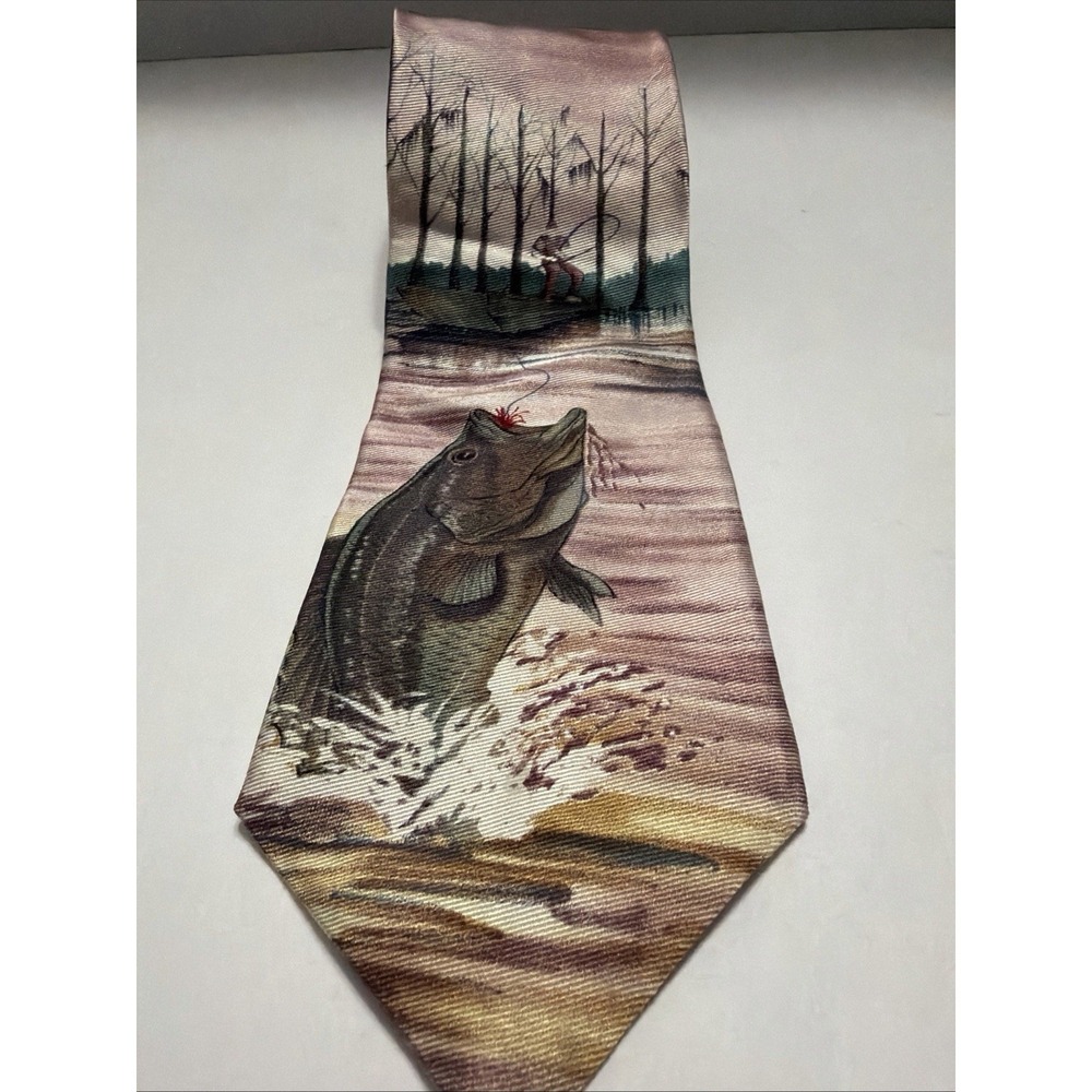Field & Stream Mens Silk Tie Bass Fishing Fisherman Scenic Nature Brown Tan USA
